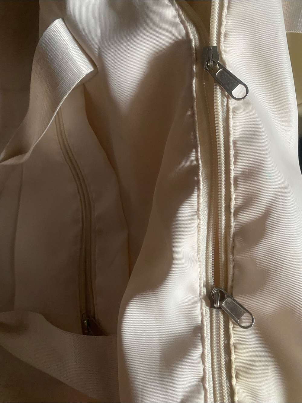 Cream Nylon Tote Bag with Double Zippers